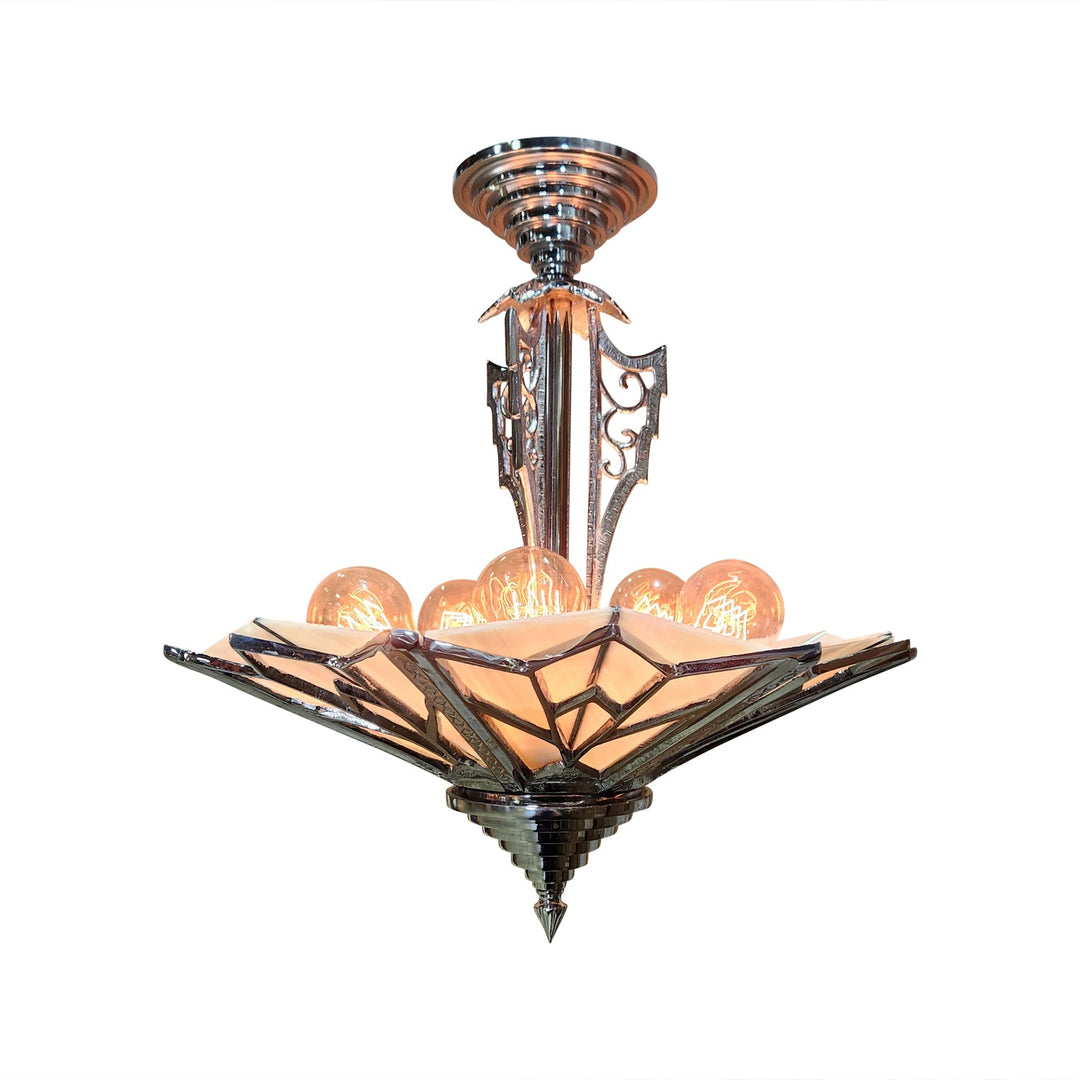 17 Inch Classic Art Deco Close Ceiling Light with Pink Champagne Glass (Polished Chrome Finish) COPPER MOUNTAIN HARDWARE