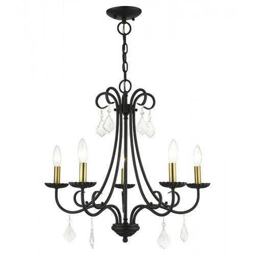 5 Light Black Chandelier with Antique Brass Finish Accents and Clear Crystals Livex