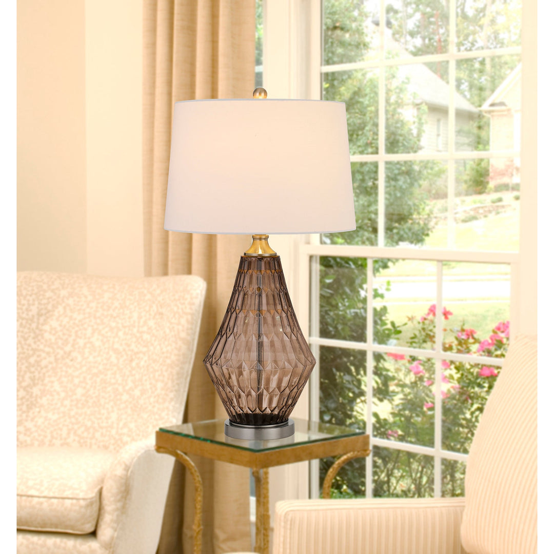 150W 3 WAY CONOVER GLASS TABLE LAMP WITH HARDBADK TAPER DRUM FABRIC SHADE Cal Lighting