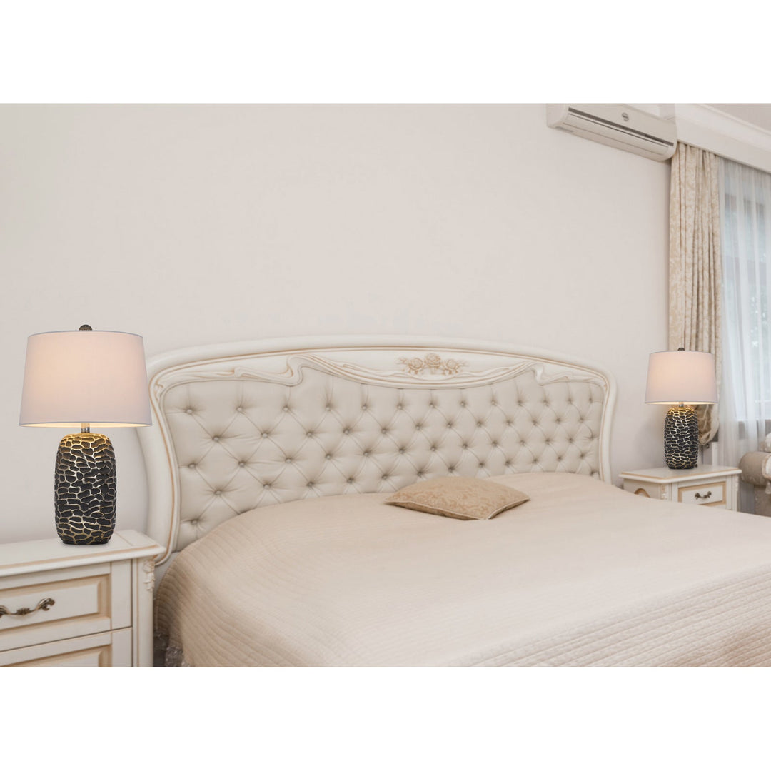 150W 3 WAY MENLO RESIN TABLE LAMP WITH HARDBACK TAPER DRUM FABRIC SHADE (SOLD AS PAIRS) Cal Lighting