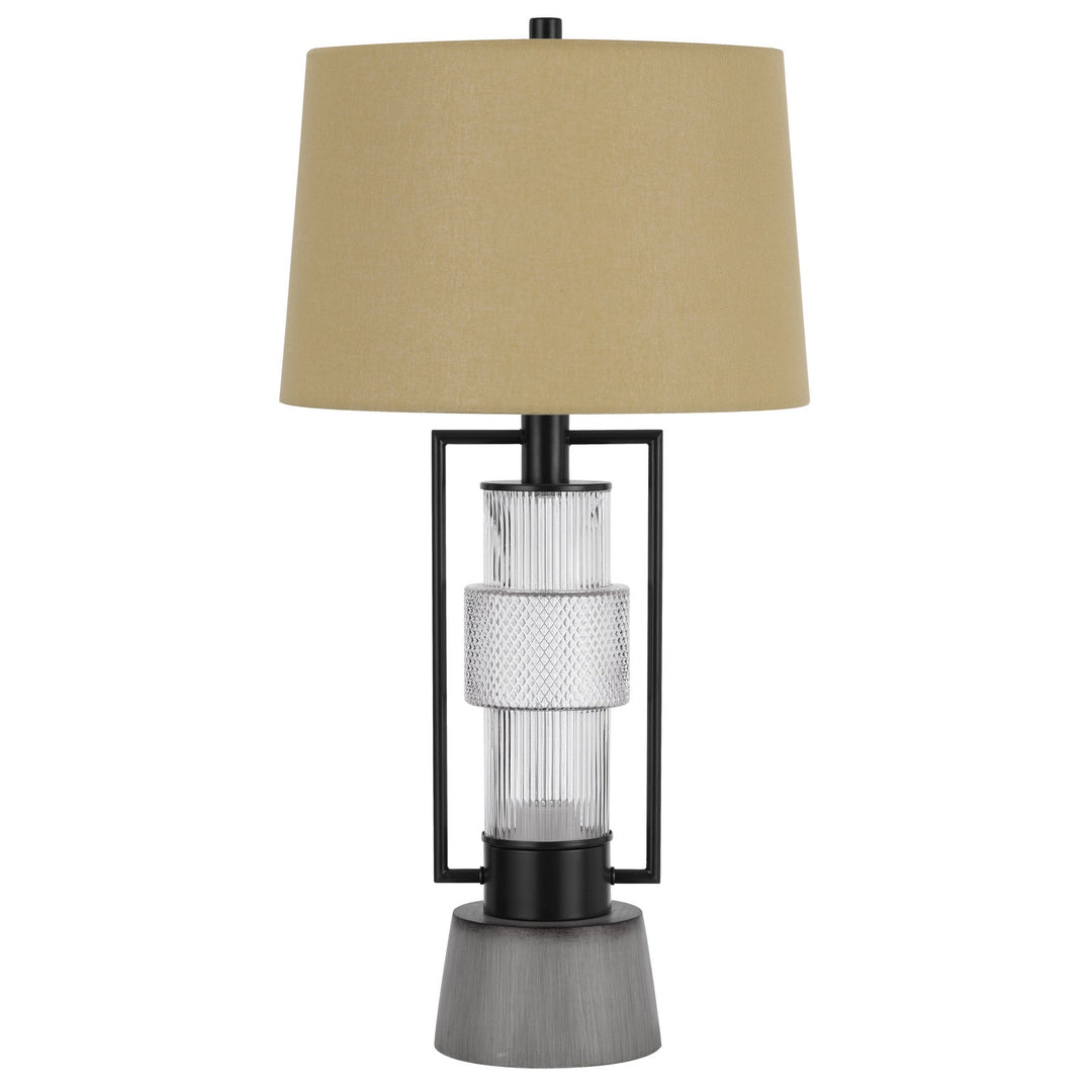 VALLDA 100W 3 WAY TABLE LAMP WITH 2W LED NIGHT LIGHT WITH METAL/GLASS BODY AND CEMENT BASE AND FINE BURLAP DRUM SHADE Cal Lighting