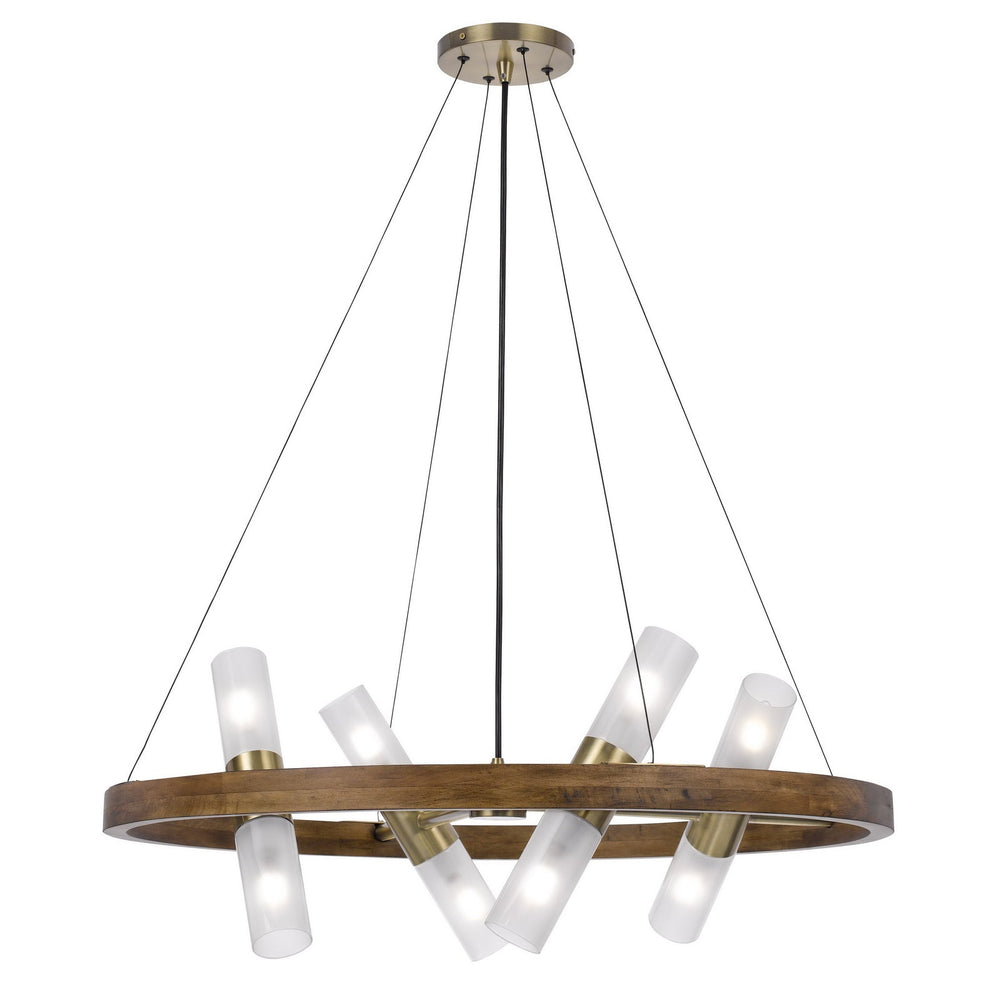 40W X 8 HEMPSTEAD BIRCH WOOD CYLINDER CHANDELIER WITH ADJUSTABLE STEEL CABLE AND GLASS SHADES Cal Lighting