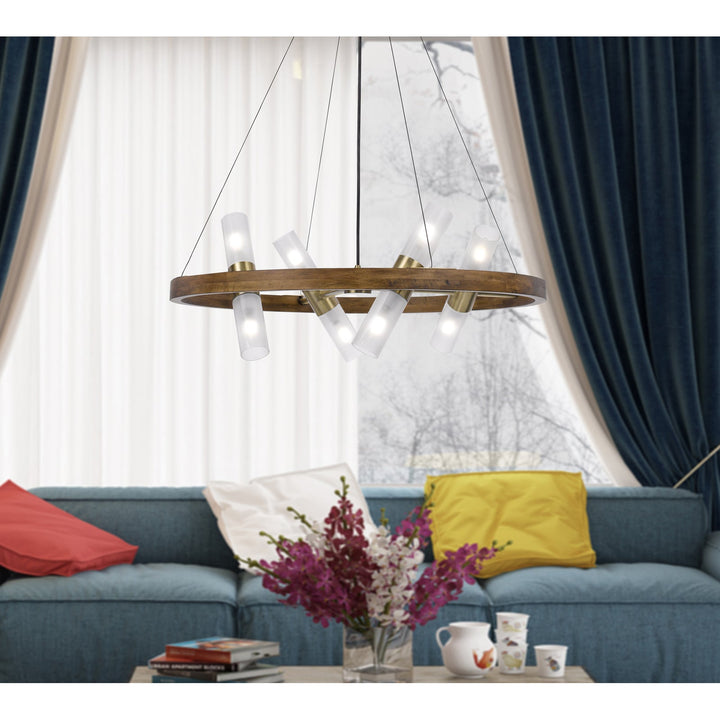 40W X 8 HEMPSTEAD BIRCH WOOD CYLINDER CHANDELIER WITH ADJUSTABLE STEEL CABLE AND GLASS SHADES Cal Lighting