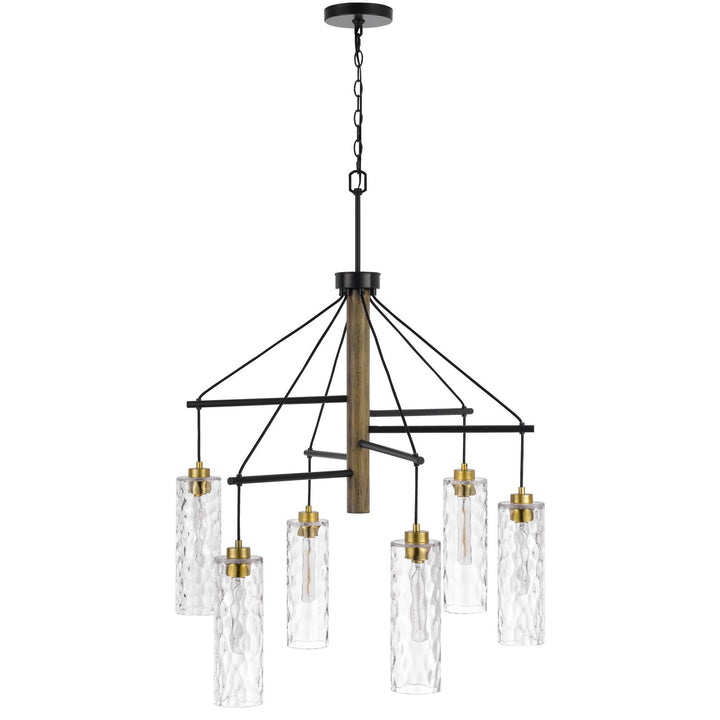 60W X 6 WILLISTON RUBBER WOOD CHANDELIER WITH HANGING TEXTURED GLASS SHADES Cal Lighting