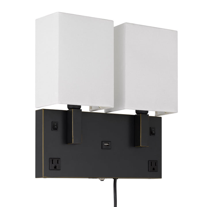40W X 2 OBERLIN WALL LAMP WITH 2 POWER OUTLETS AND 1 USB CHARGING PORT Cal Lighting