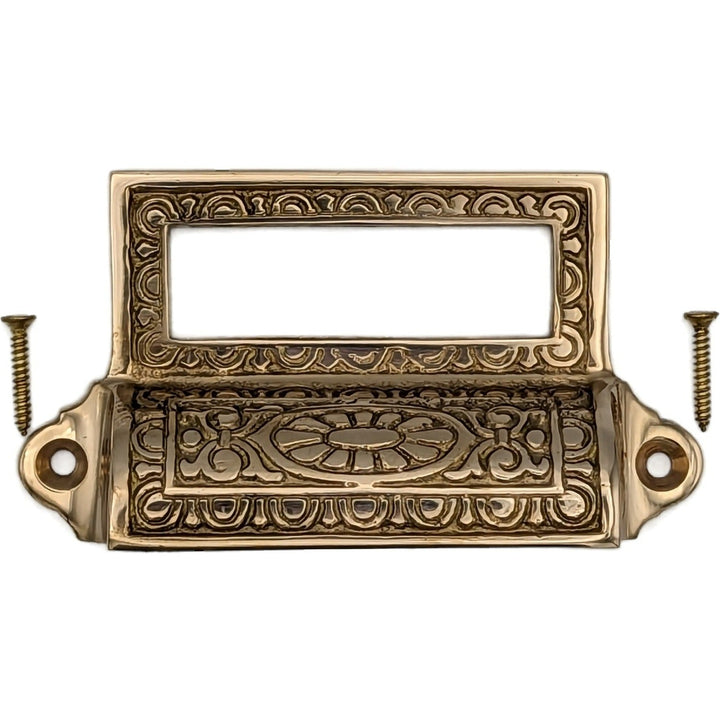 COPPER MOUNTAIN HARDWARE 4 1/8 Inch Overall Solid Brass Victorian Label Style Bin Pull