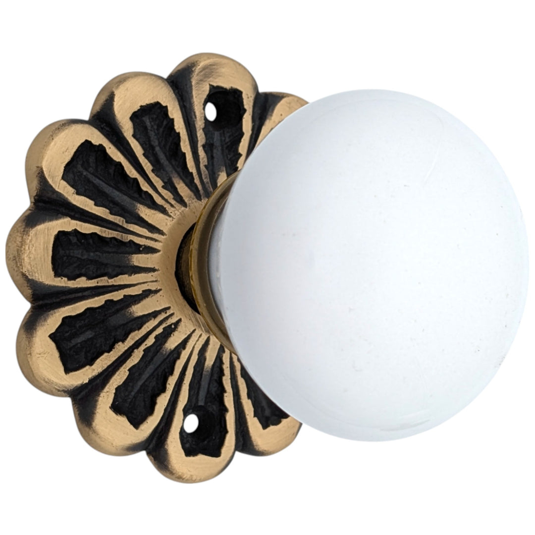 Maltesia Flower Rosette Door Set with White Porcelain Door Knobs (Several Finishes Available)