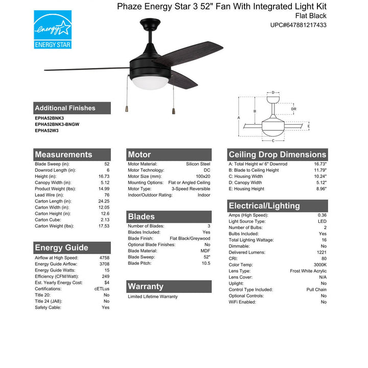 52" Phaze Energy Star 3 in Flat Black w/ Flat Black/Greywood Blades CRAFTMADE