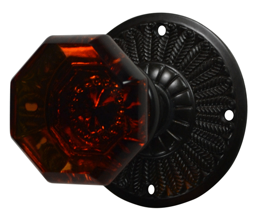 Feather Rosette Door Set with Amber Octagon Glass Door Knobs (Several Finishes Available) COPPER MOUNTAIN HARDWARE